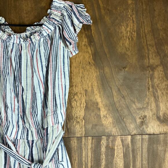 LOFT Beach Womens Romper Tan Multi Striped Linen Blend Smock Neck Flutter M - Picture 5 of 12